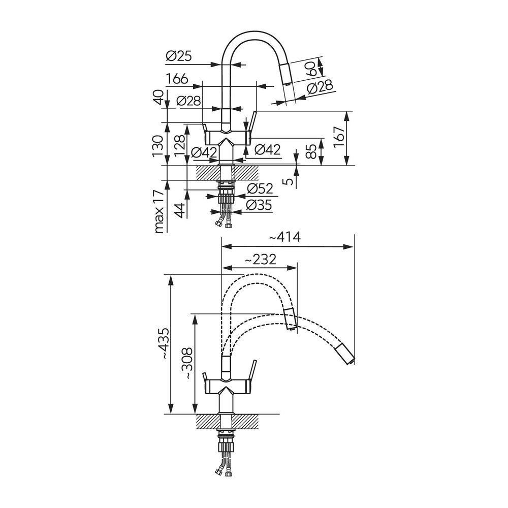 Ferro Filtrata Bateria zlewozmywakowa do wody filtrowanej – rysunek techniczny